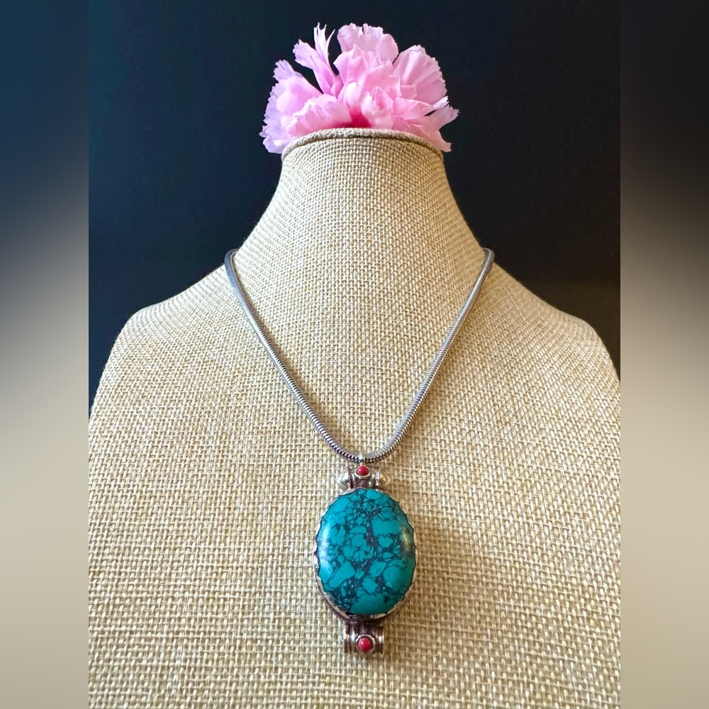 Vintage & Hand Carved Auspicious Floral Pattern Tibetan Silver Turquoise Pendant
